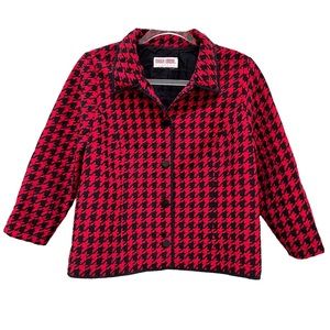 Maggy London Quilted Silk Red Houndstooth Shacket Blazer 80s Preppy Christmas